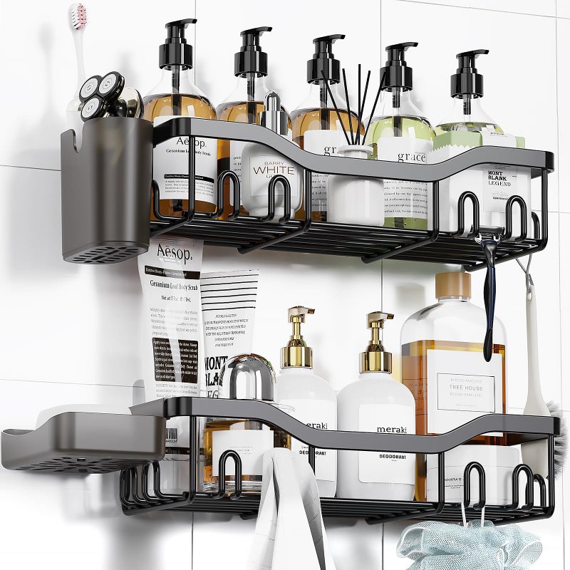 NESOMI Shower Caddy Adhesive Shower Organizer Bathroom Shower Shelves  Wall Shelf for Inside Shower Storage with Soap Dish&16 Hooks  Rustproof Stainless Steel No Drilling Rack Home Decor 2 Pack Large - Image 1